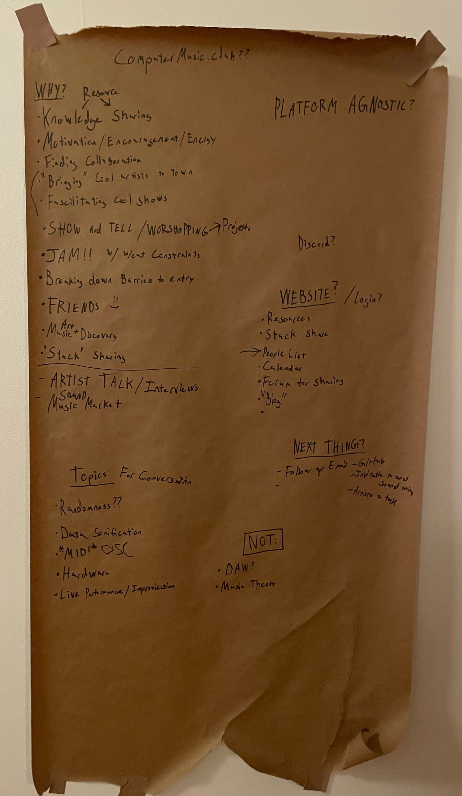 meeting notes written on brown paper in hard to read handwriting